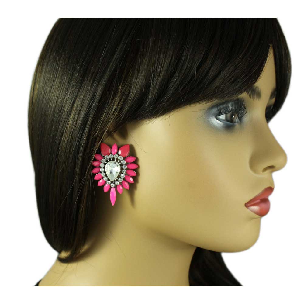 Large Hot Pink Acrylic and Crystal Pierced Earring - REC416 - Lilylin Designs