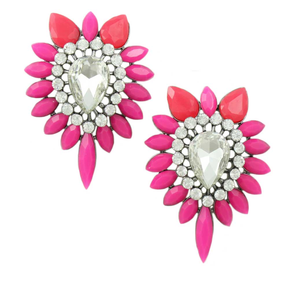 Large Hot Pink Acrylic and Crystal Pierced Earring - REC416 - Lilylin Designs