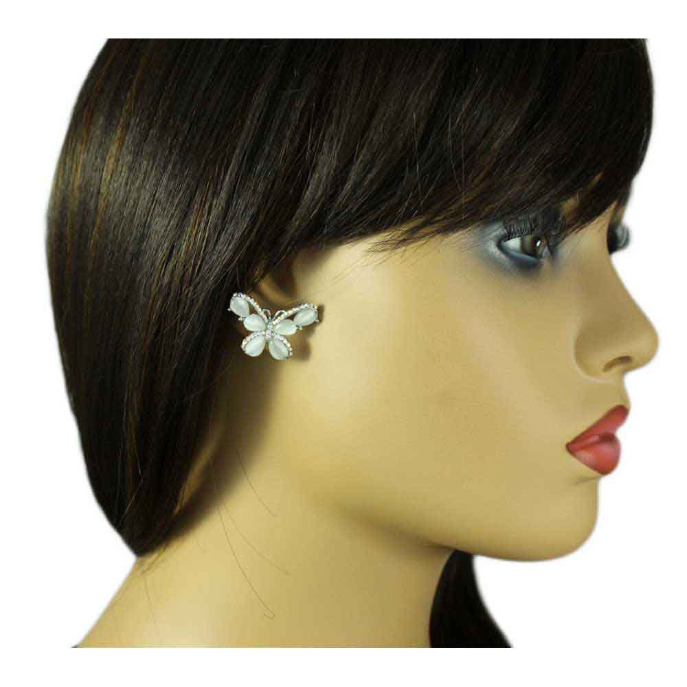 Gray Cats Eye Butterfly Edged with Crystals Pierced Earring - REC418 - Lilylin Designs