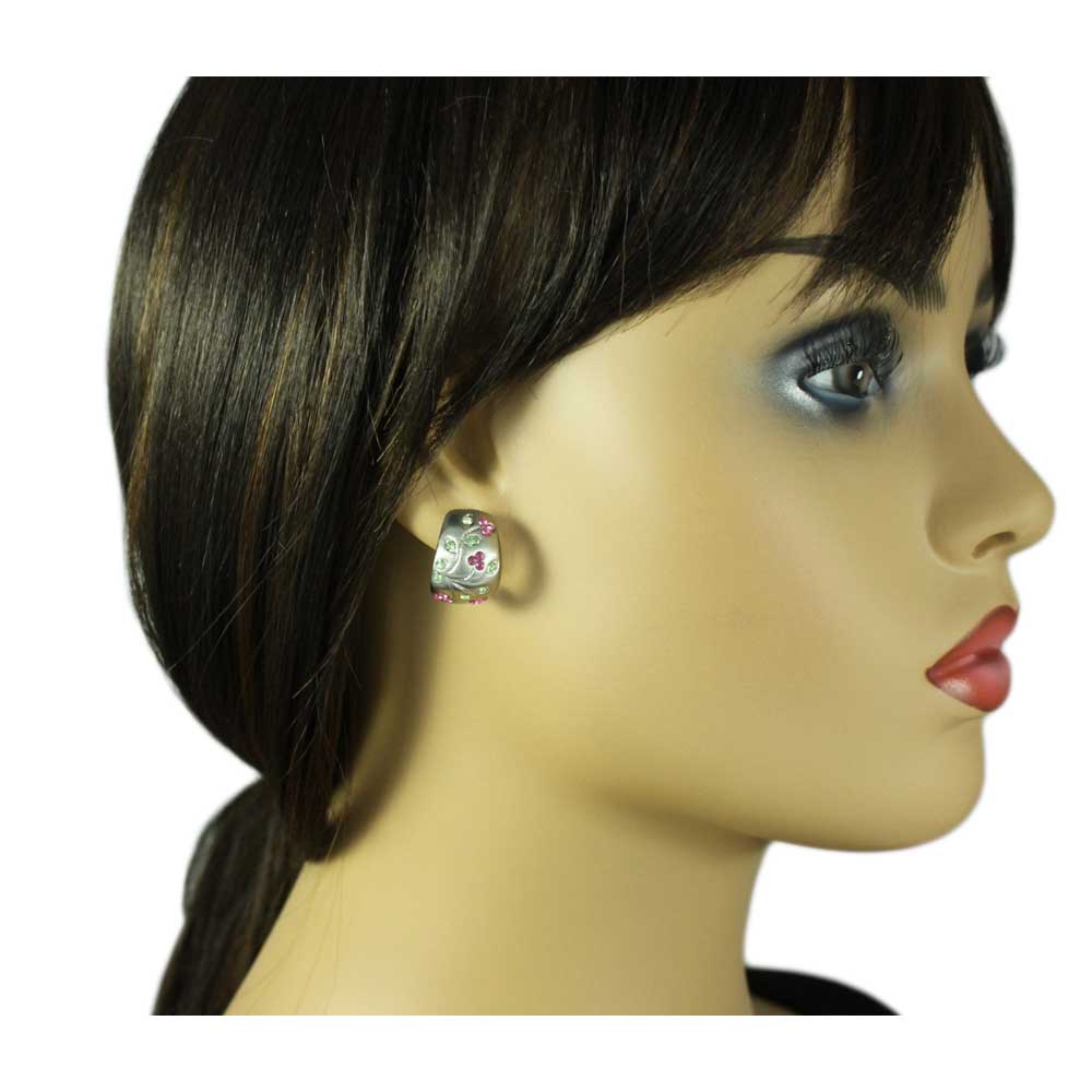Matte Silver Pink and Light Green Flower Clip Earring - REC419 - Lilylin Designs