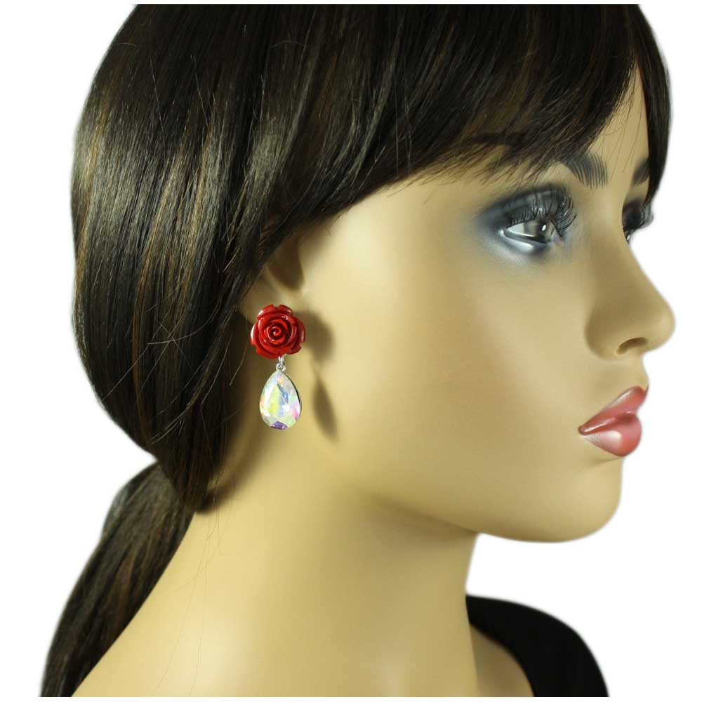 Red Rose with Aurora Borealis Teardrop Pierced Earring - REC420 - Lilylin Designs