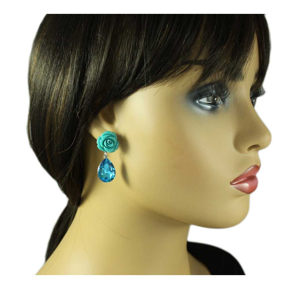 Blue Rose with Dangling Blue Teardrop Pierced Earring - REC421 - Lilylin Designs