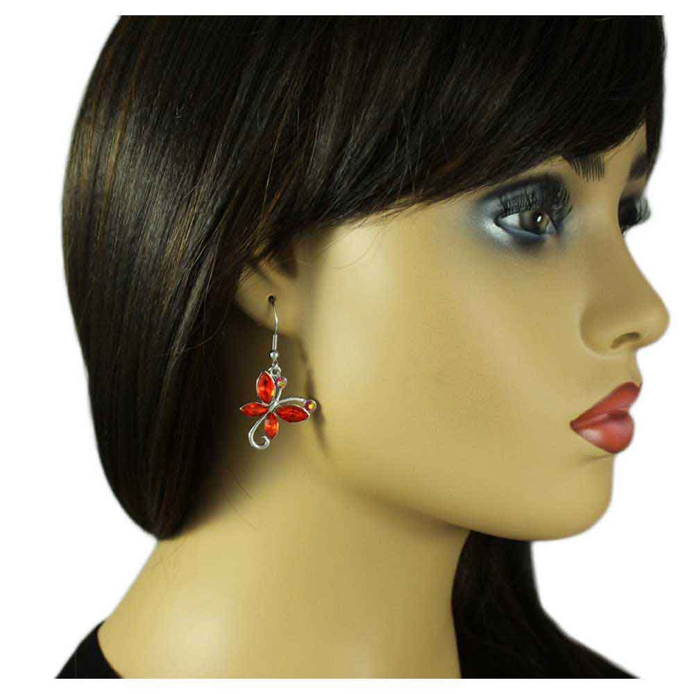 Red Crystal Dangling Butterfly Pierced Earring - REC429 - Lilylin Designs