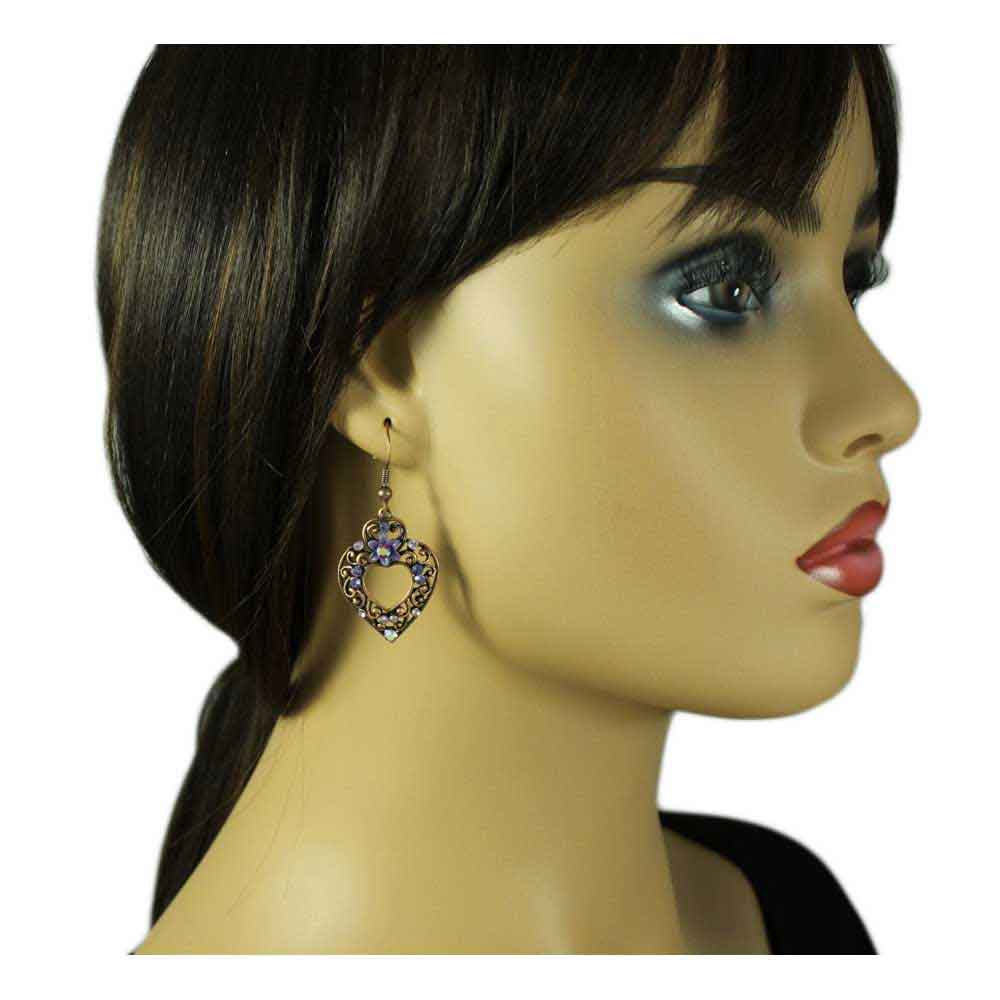 Copper Heart with Purple Flowers Dangling Earring - REC522 - Lilylin Designs