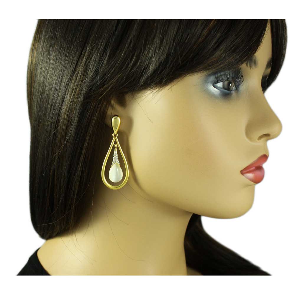 Cream Cats Eye and Crystal Teardrop Dangle Earring - REC551 - Lilylin Designs