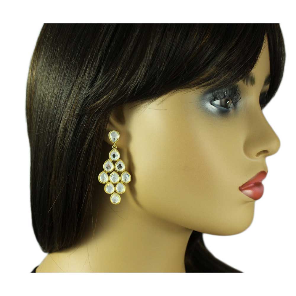Gold with Dangling Clear Teardrops Pierced Earring - REC553 - Lilylin Designs
