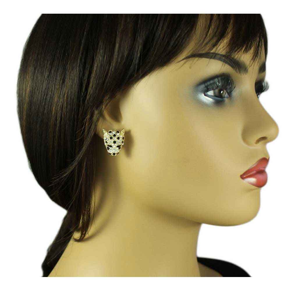 Crystal Gold Leopard Head Pierced Earring - REC557 - Lilylin Designs