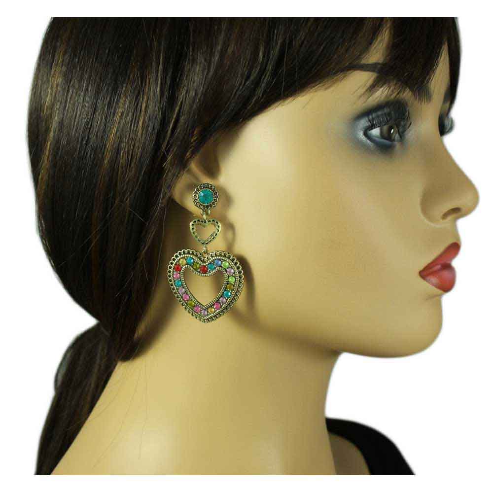 Large Colorful Crystals Heart Dangling Pierced Earring - REC558 - Lilylin Designs