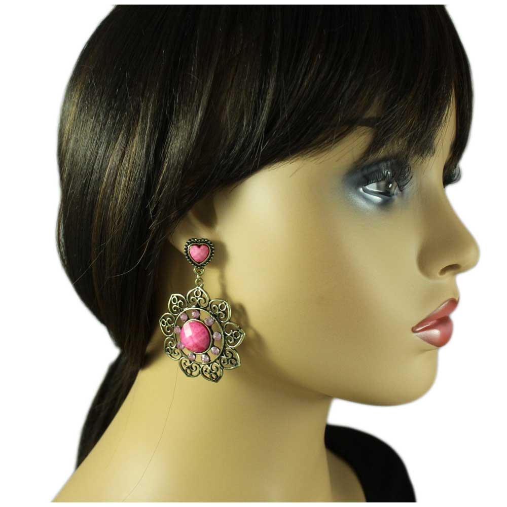 Large Hot Pink Filigree Flower Dangling Pierced Earring - REC559 - Lilylin Designs
