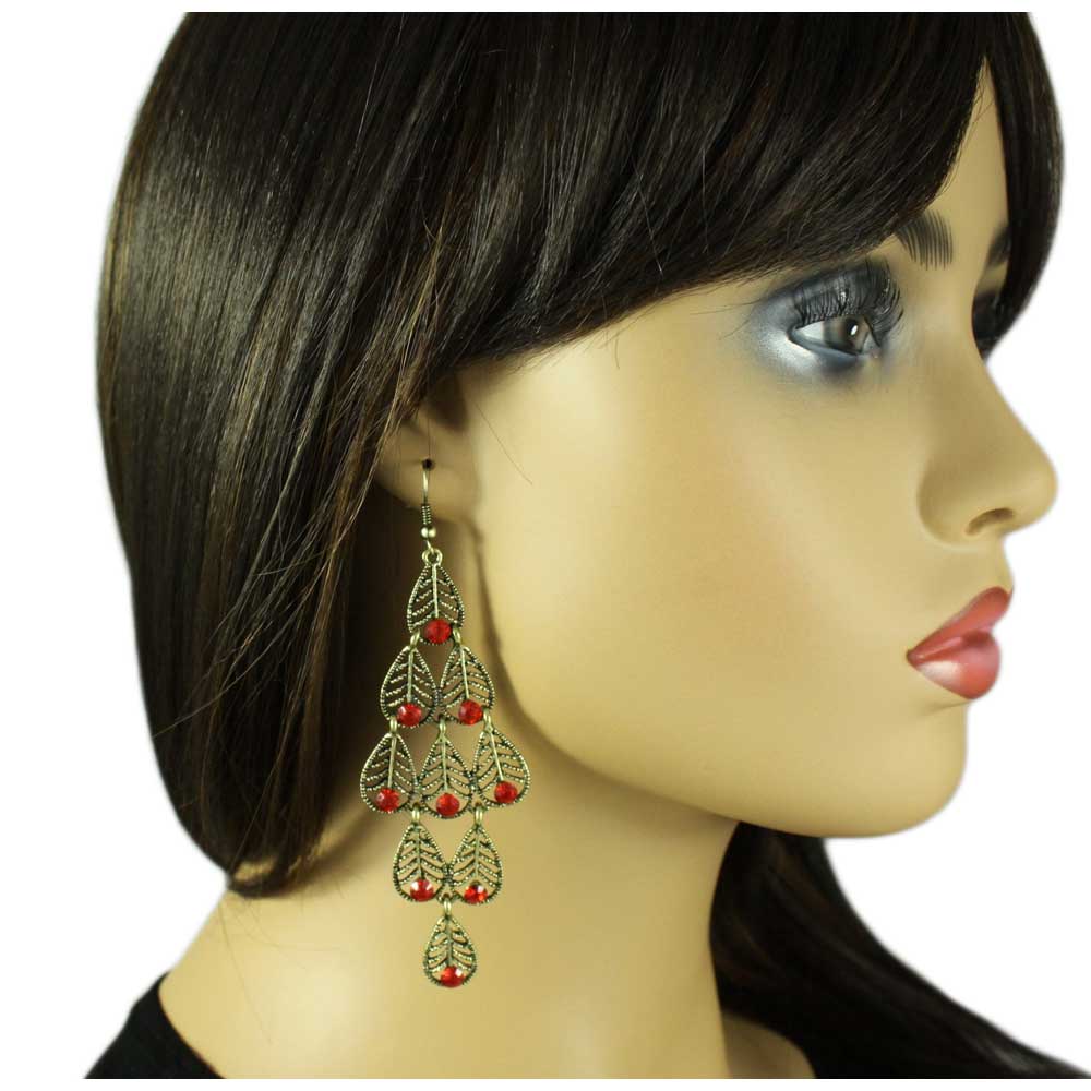 Dangling Filigree Leaves with Red Crystals Earring - REC561 - Lilylin Designs