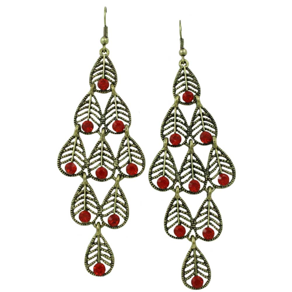 Lilylin Designs Dangling Filigree Leaves with Red Crystals Earring