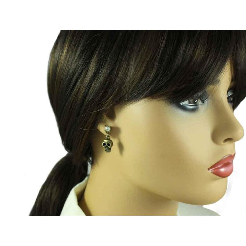 Bronze Skull with Crystal Pierced Earring - REC565 - Lilylin Designs
