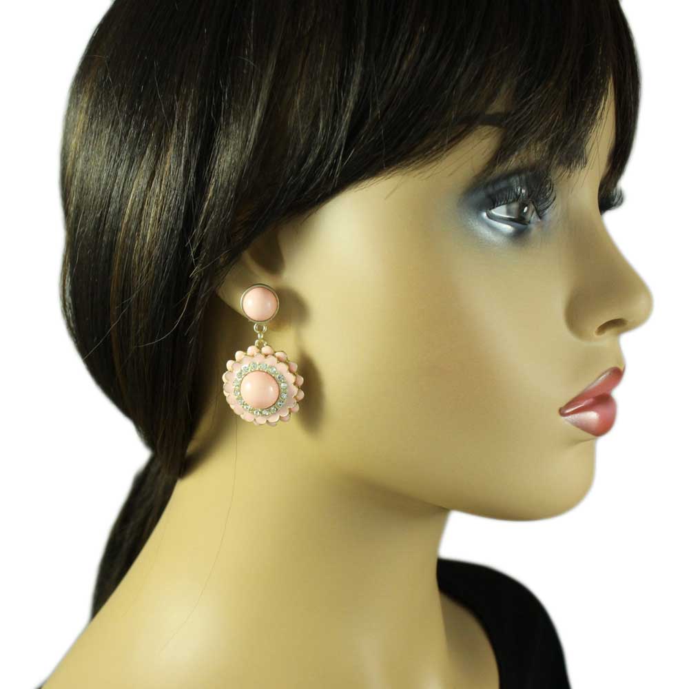 Pink Flower with Clear Crystals Dangling Pierced Earring - REC566 - Lilylin Designs