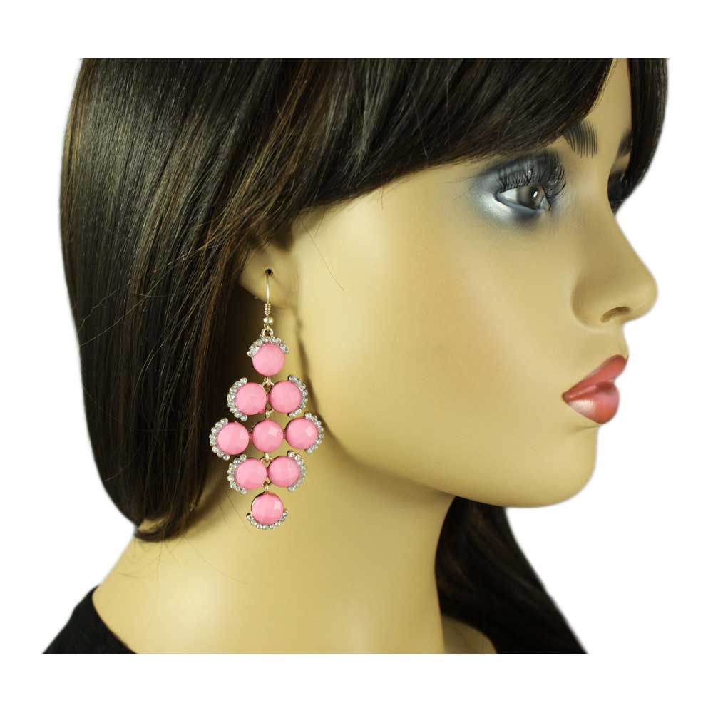 Round Pink Discs with Clear Crystals Dangling Earring - REC567 - Lilylin Designs