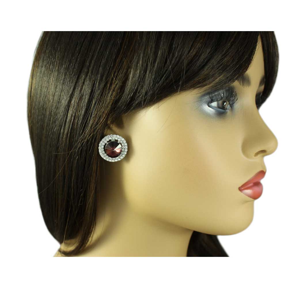 Round Dark Red Crystal Button Pierced Earring - REC570 - Lilylin Designs