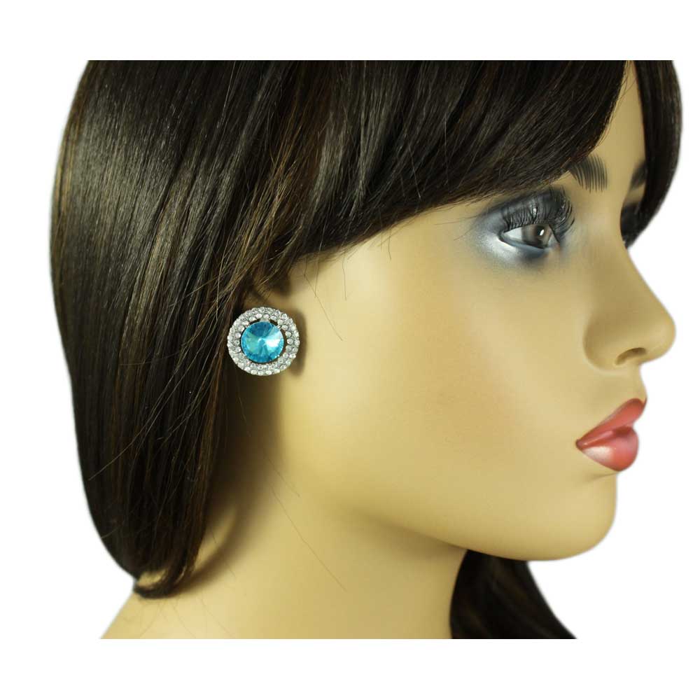Round Aquamarine Blue Crystal Button Pierced Earring - REC570B - Lilylin Designs