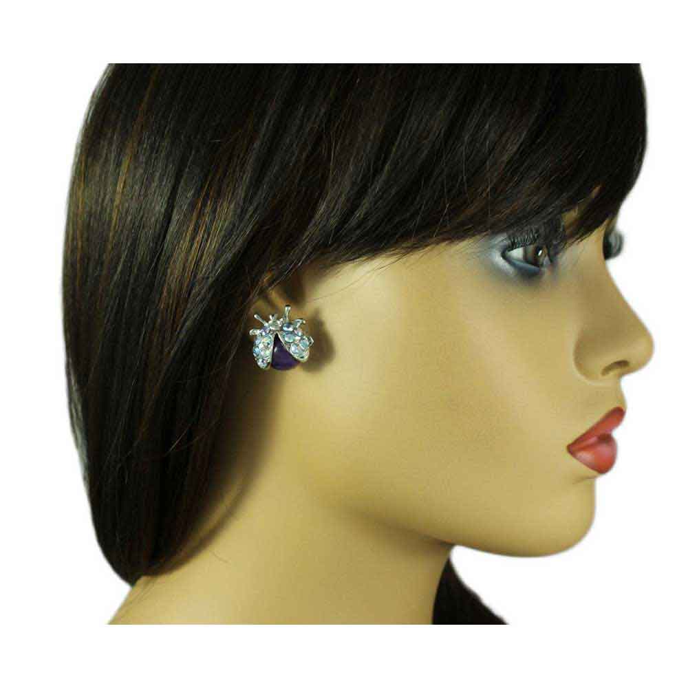 Purple Ladybug with Crystal Wings Pierced Earring - REC575 - Lilylin Designs