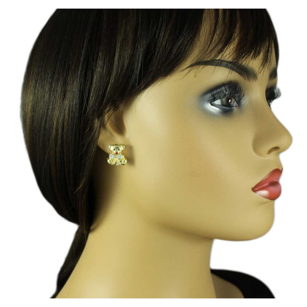 Gold Teddy Bear with Large Crystal Bow - Tie Stud Earring - REC577 - Lilylin Designs