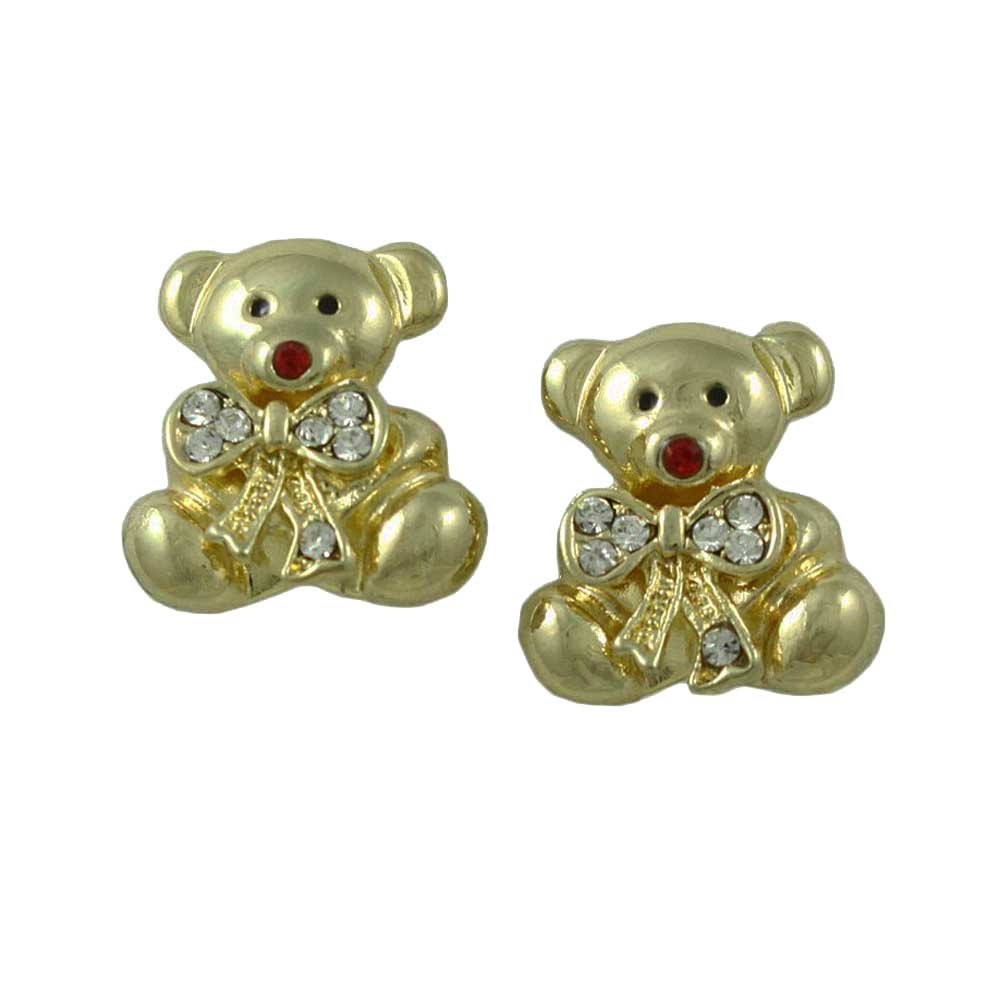 Lilylin Designs Gold Teddy Bear with Large Crystal Bow Stud Earring