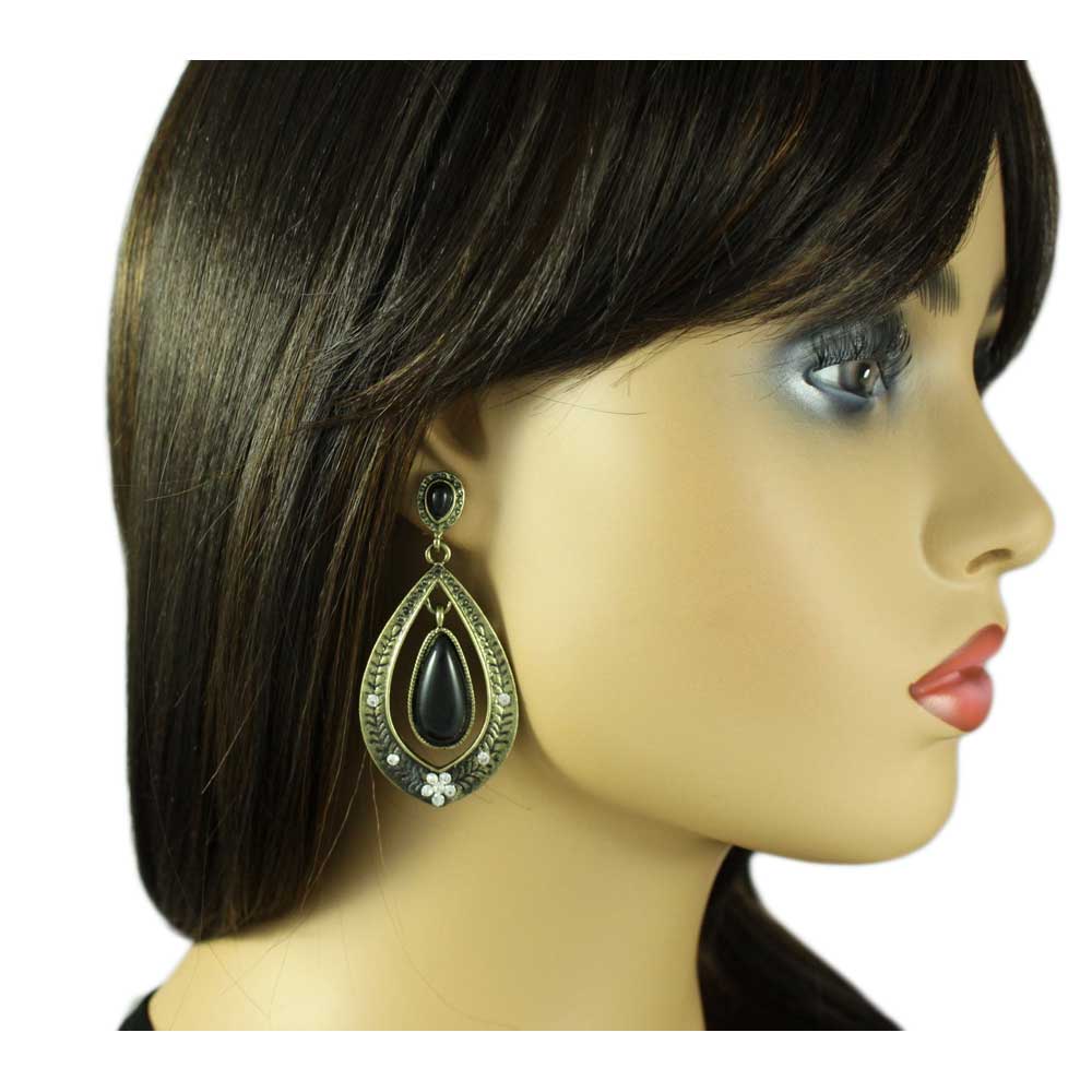 Teardrop with Dangling Black Stone Pierced Earring - REC586 - Lilylin Designs