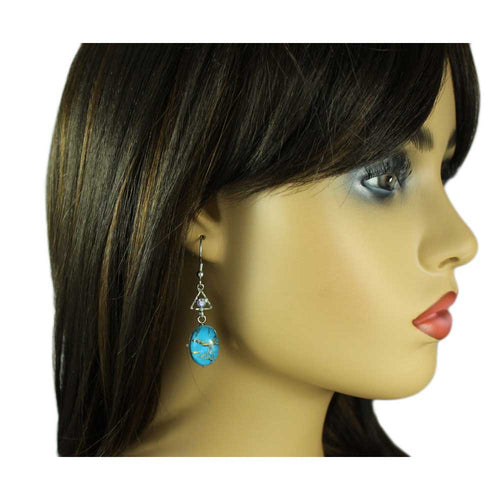 Blue Marbled Glass with Blue Crystal Pierced Earring - REC726 - Lilylin Designs