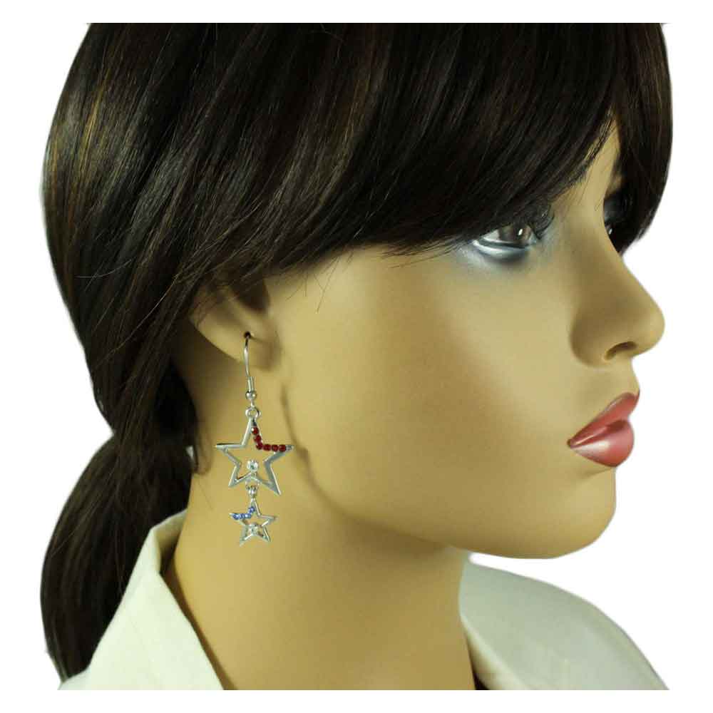 Red White Blue Patriotic Dangling Stars Pierced Earring - REC754RB - Lilylin Designs