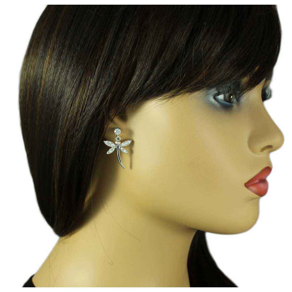 Crystal and Black Dangling Dragonfly Pierced Earring - REC764 - Lilylin Designs