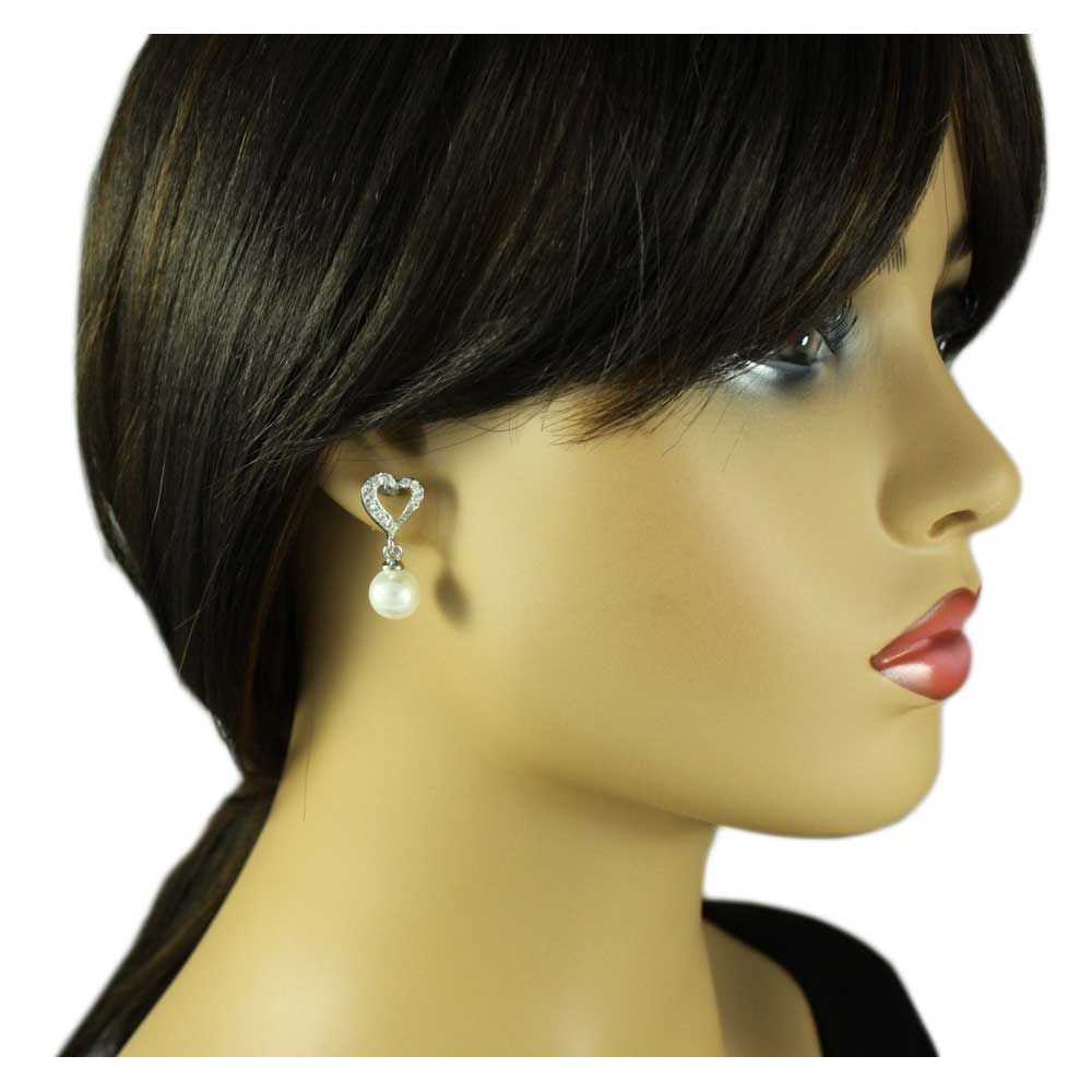 Crystal Heart with White Dangling Pearl Ball Pierced Earring - REC812A - Lilylin Designs