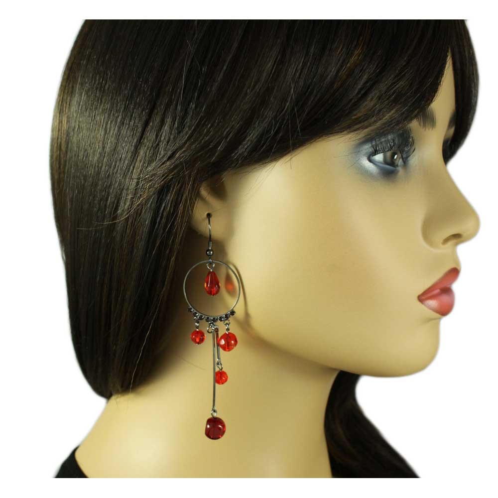 Gray Metal Circle with Dangling Red Beads Earring - REC843 - Lilylin Designs