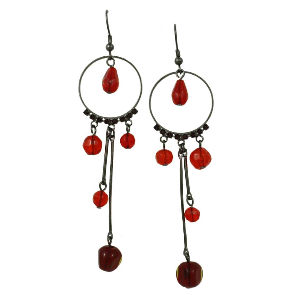 Lilylin Designs Gray Metal Circle with Dangling Red Beads Earring