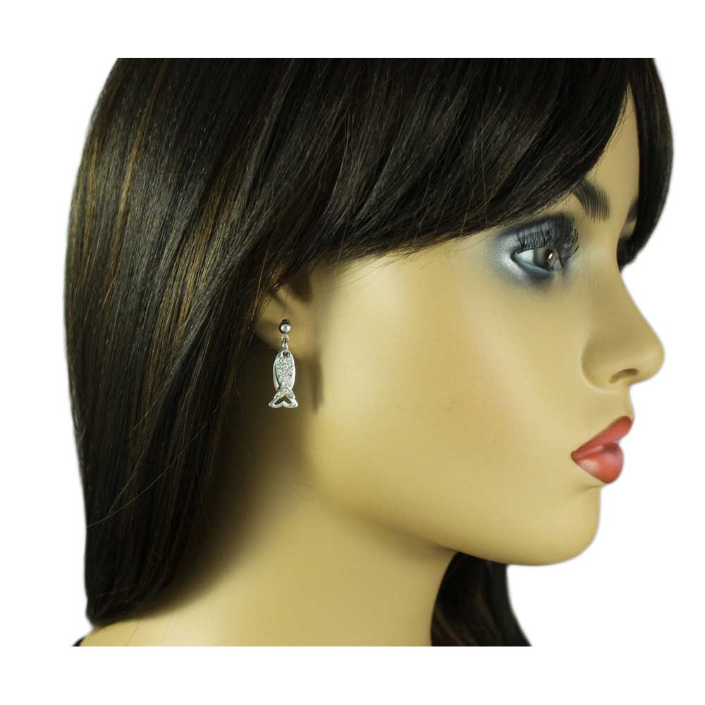 Silver and Crystal Dual Dangling Fish Pierced Earring - REC906 - Lilylin Designs
