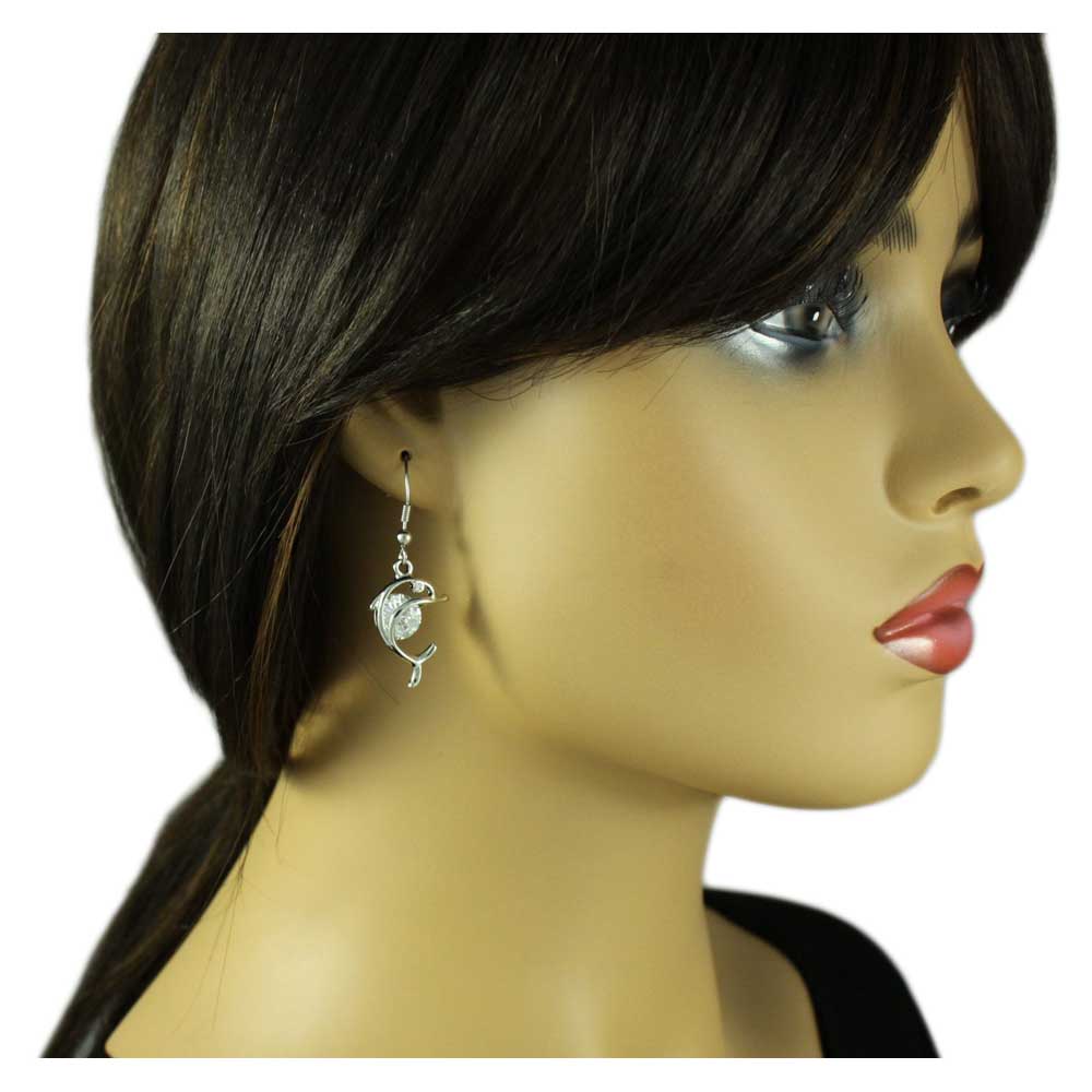 Dolphin with Large Crystal Dangling Pierced Earring - REC906B - Lilylin Designs