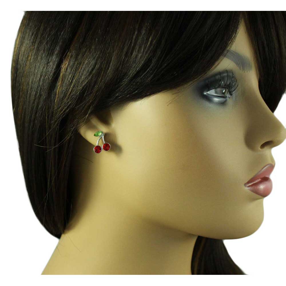 Red Crystal Cherries with Green Crystal Leaf Earring - REC919 - Lilylin Designs