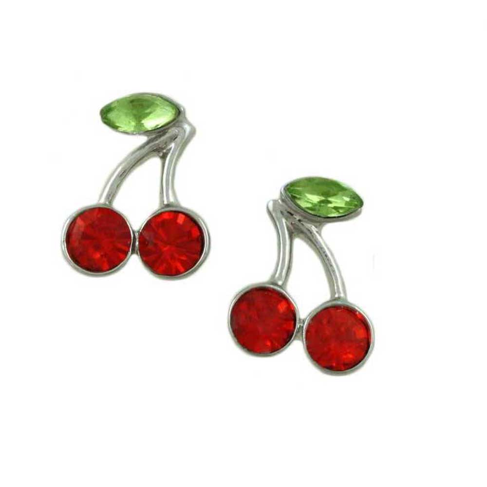 Lilylin Designs Red Crystal Cherries with Green Crystal Leaf Earring