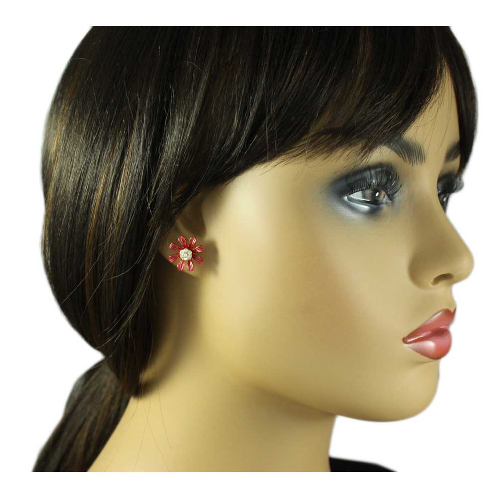 Burnt Orange Flower with Crystal Center Pierced Earring - REE101 - Lilylin Designs