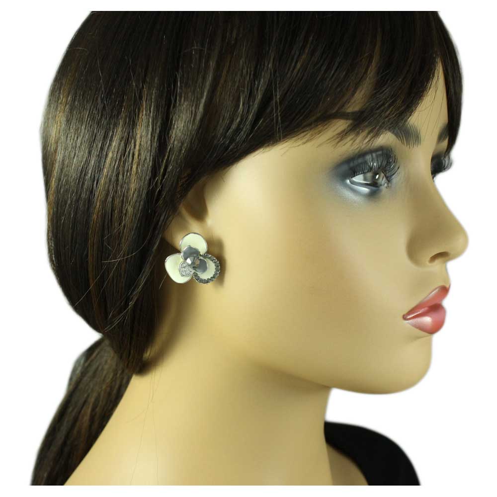 Cream and Gray Flower with Crystals Pierced Earring - REE126 - Lilylin Designs