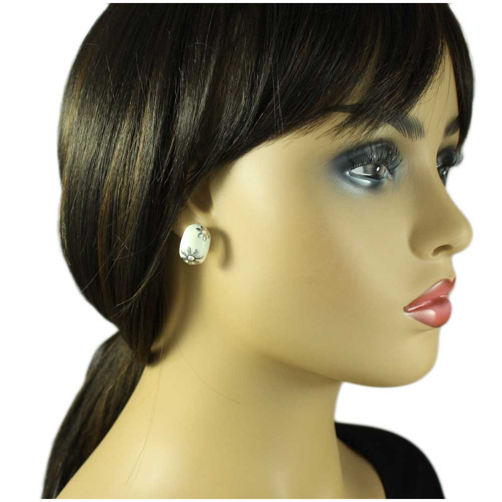 Model with Lilylin Designs Cream Enamel with Silver Flowers Pierced Earring