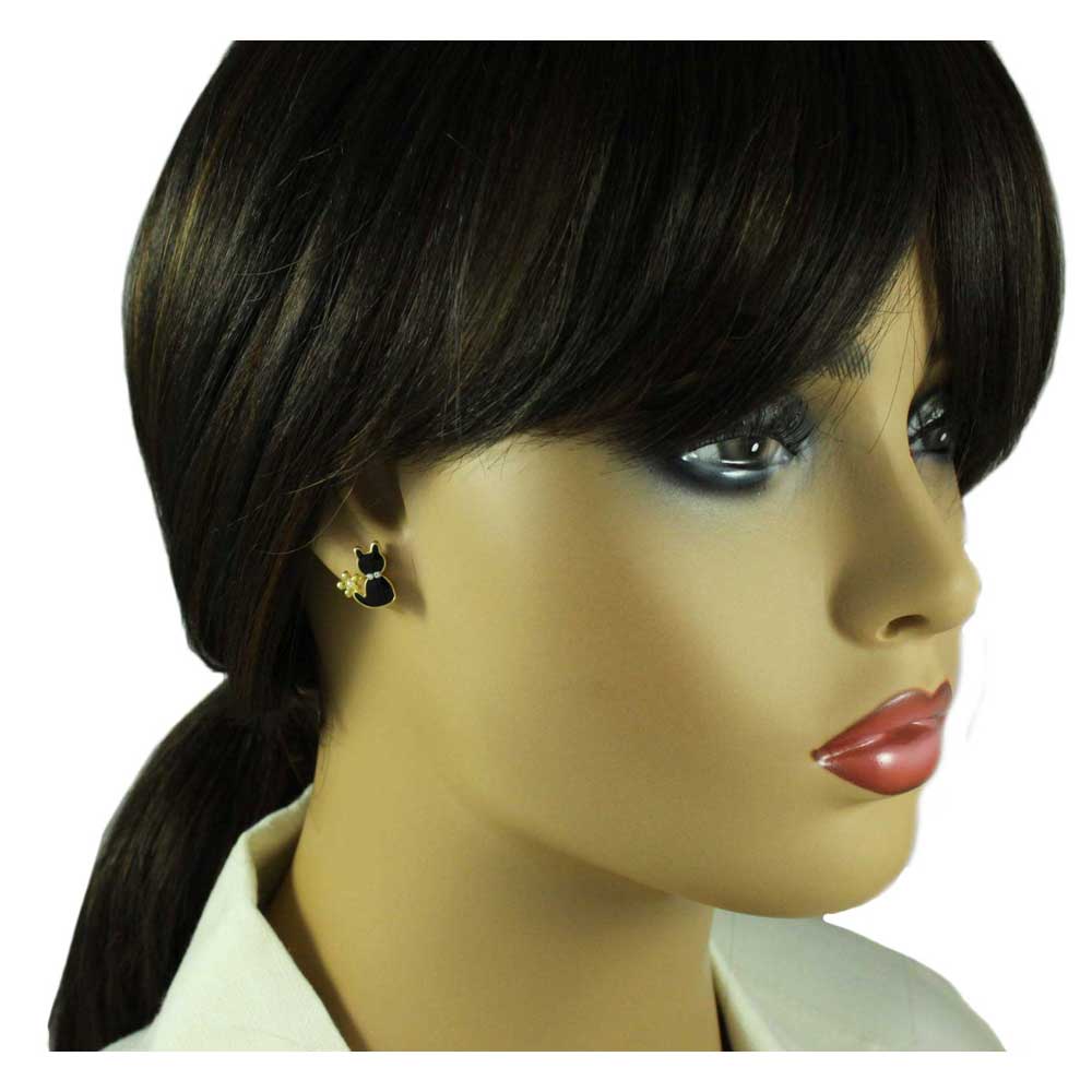 Tiny Black Enamel Cat with Pearl Flower Pierced Earring - REE206 - Lilylin Designs