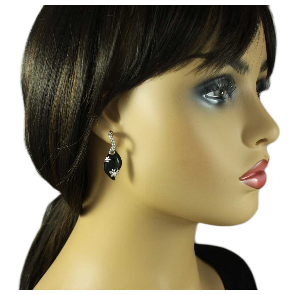 Black Enamel Teardrop with Silver Flowers Pierced Earring - REE307 - Lilylin Designs