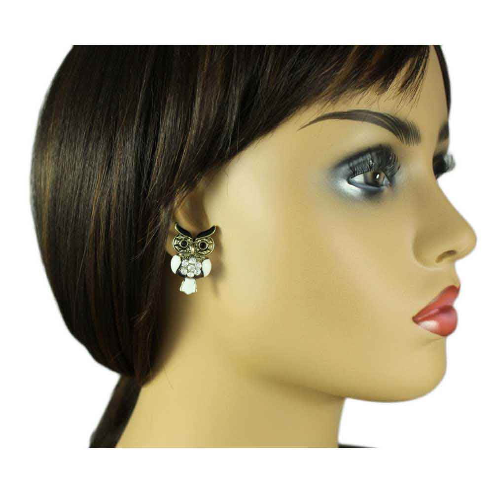 White Enamel Antique Owl Pierced Earring - REE401 - Lilylin Designs