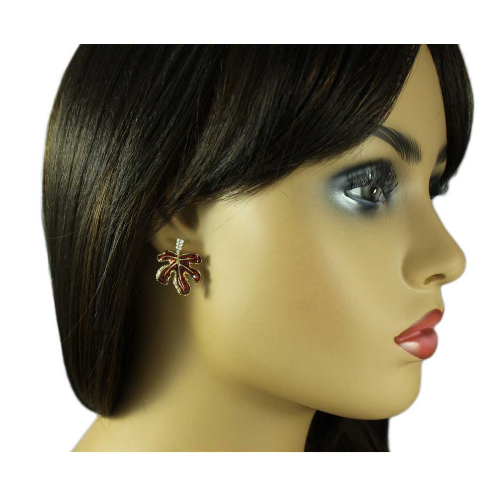 Burgundy Enamel Leaf with Clear Crystals Pierced Earring - REE402 - Lilylin Designs