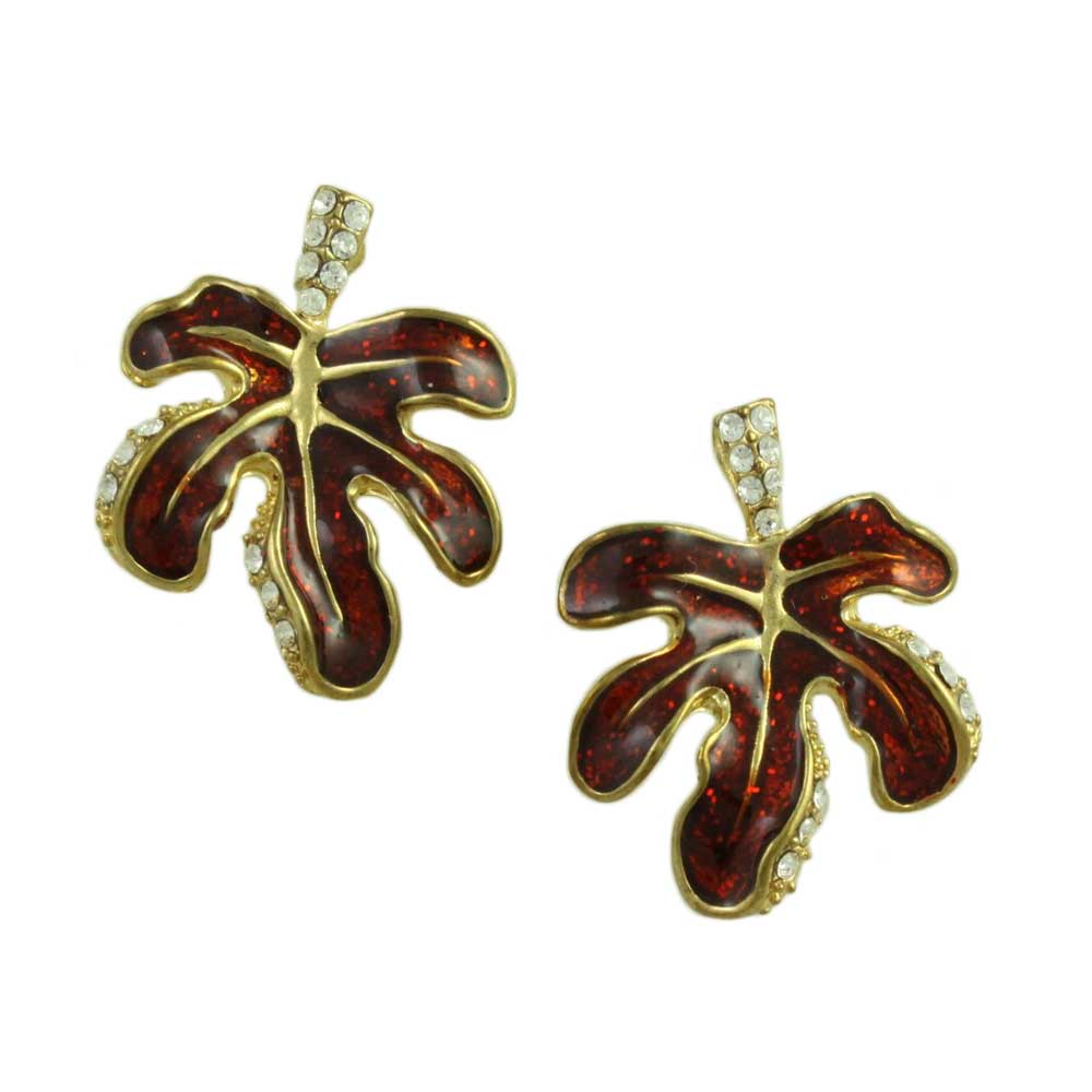 Lilylin Designs Burgundy Enamel Leaf with Clear Crystals Post Earring 