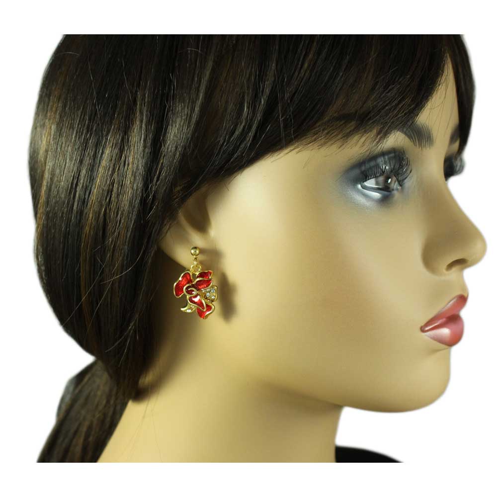 Red Rose with Enamel and Crystals Dangling Earring - REE403 - Lilylin Designs