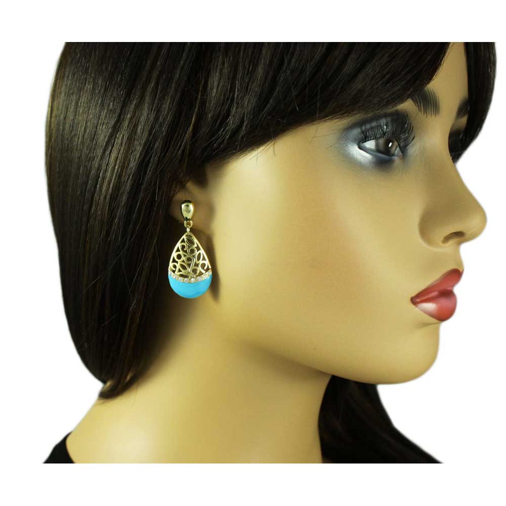 Blue Enamel and Crystal Filigree Teardrop Dangle Earring - REE404BL - Lilylin Designs