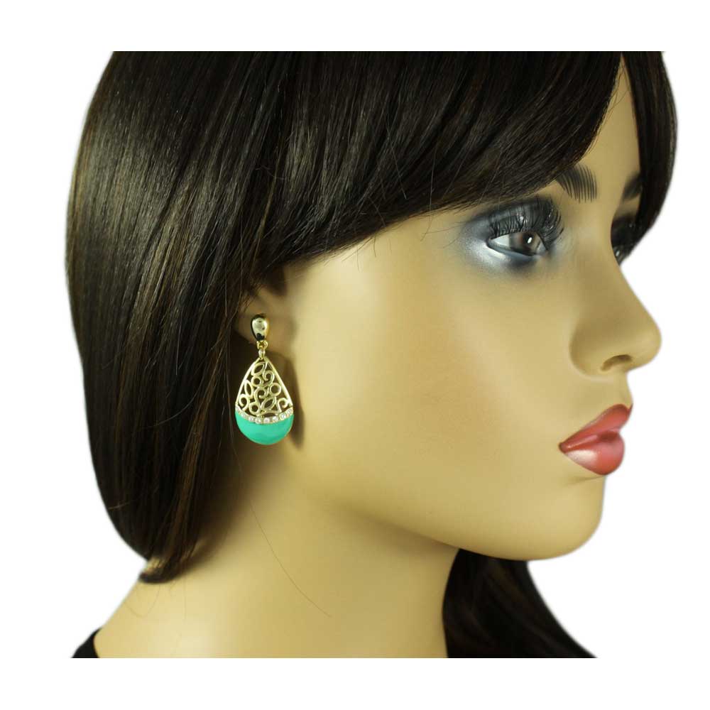 Green Enamel and Crystal Filigree Teardrop Dangle Earring - REE404GN - Lilylin Designs