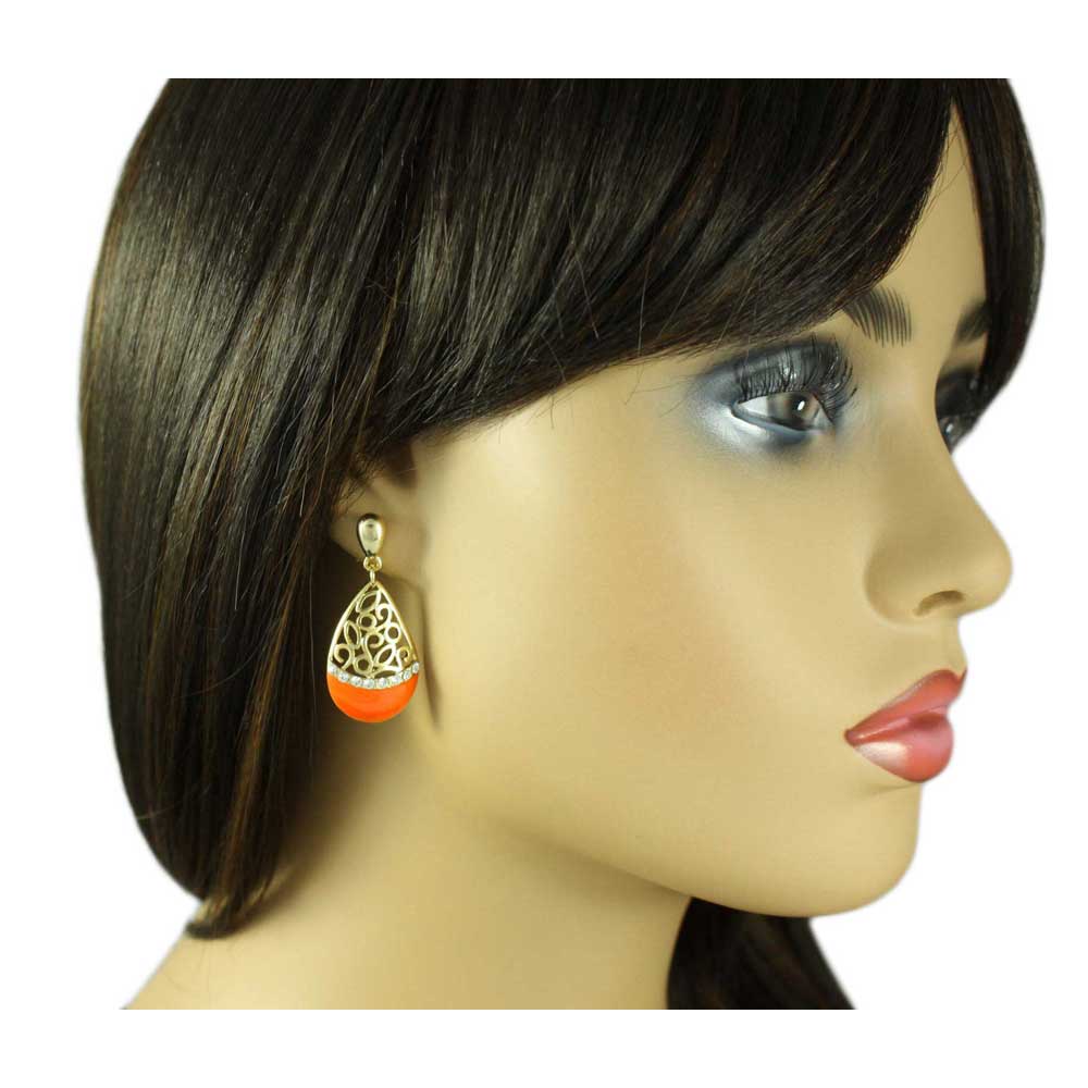 Orange Enamel and Crystal Filigree Teardrop Dangle Earring - REE404OG - Lilylin Designs