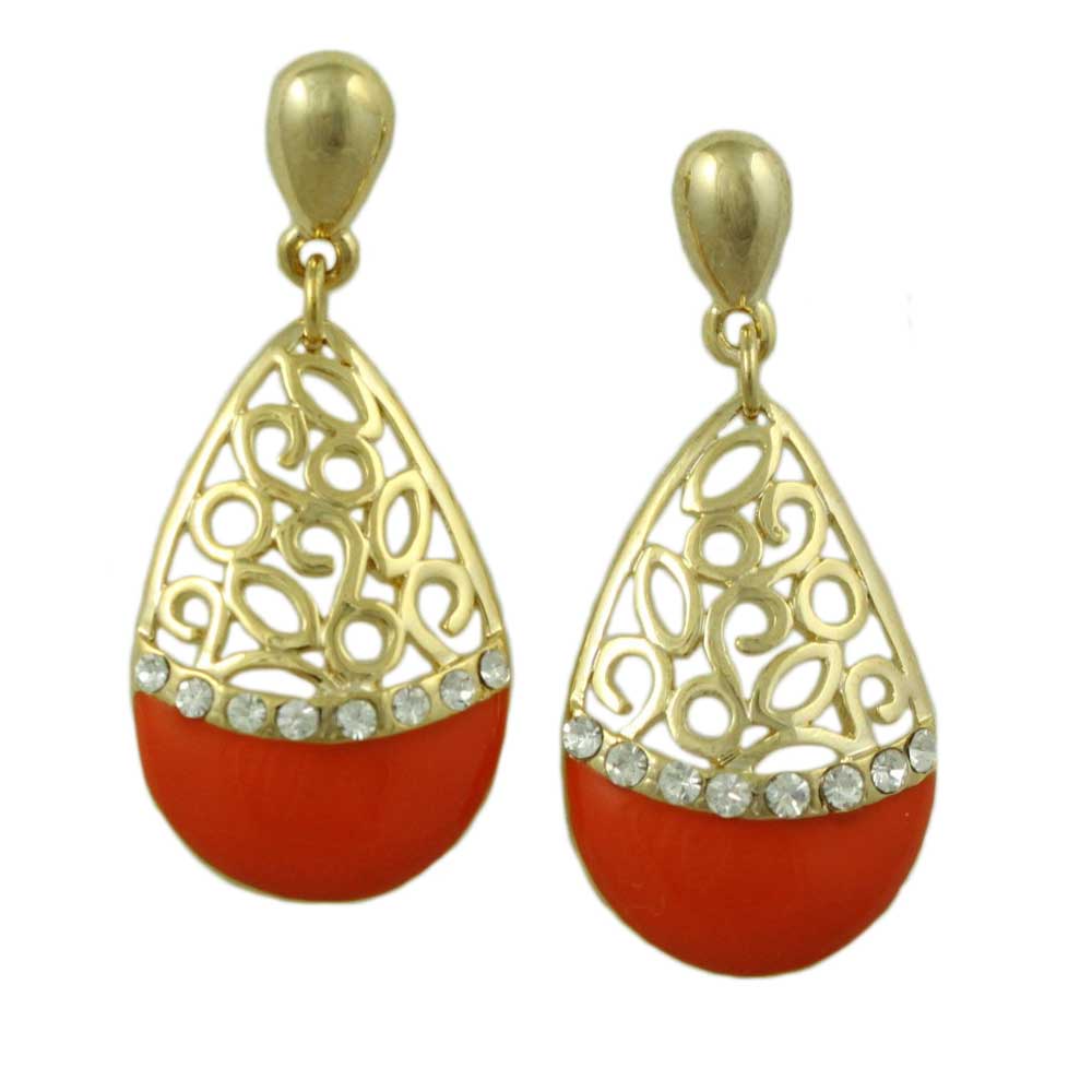 Orange Enamel and Crystal Filigree Teardrop Dangle Earring - REE404OG - Lilylin Designs