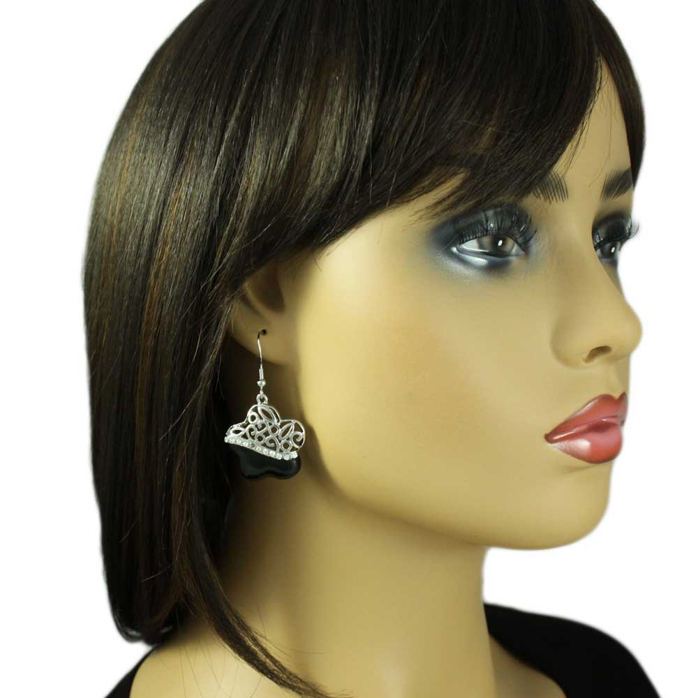 Black and Crystal Filigree Flower Dangling Earring - REE405BK - Lilylin Designs