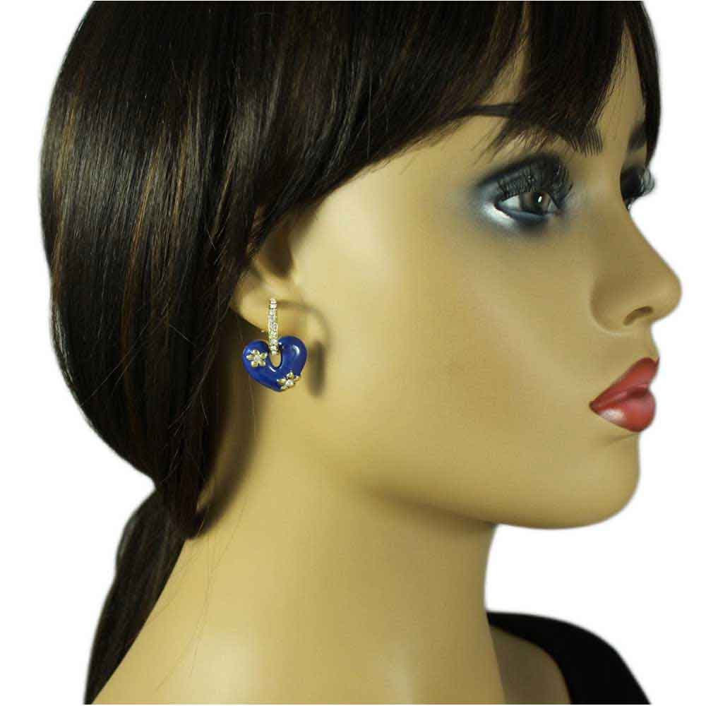 Blue Enamel Heart with Crystal Hoop Pierced Earring - REE406BL - Lilylin Designs