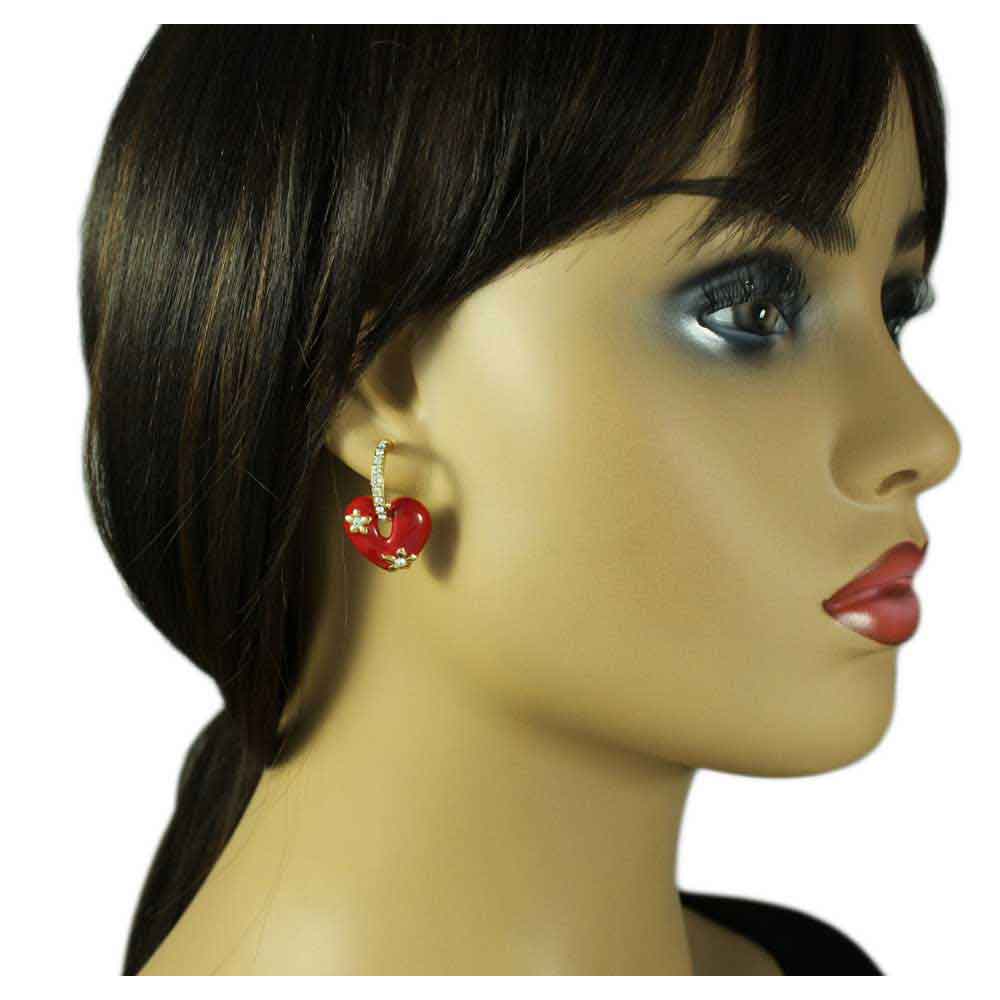 Red Enamel Heart with Crystal Hoop Pierced Earring - REE406RD - Lilylin Designs